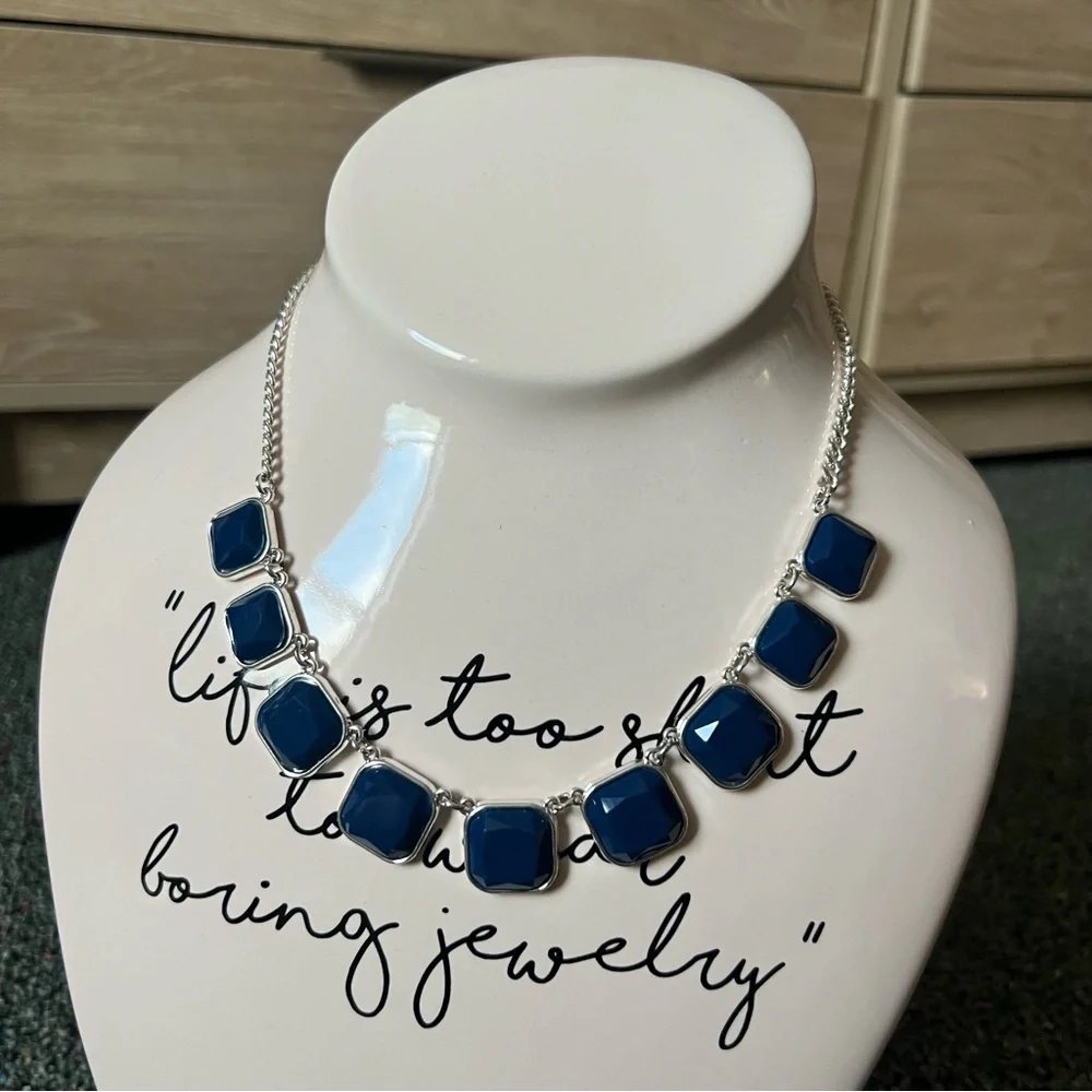 Vintage 2010s Square Cut Navy Blue Stone Bezel Facets Silver Statement Necklace